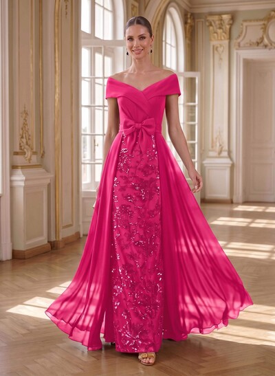 A-Line Off-The-Shoulder Sleeveless Floor-Length Chiffon Mother Of The Bride Dresses With Bow(s)/Sequins/Overskirt Dress