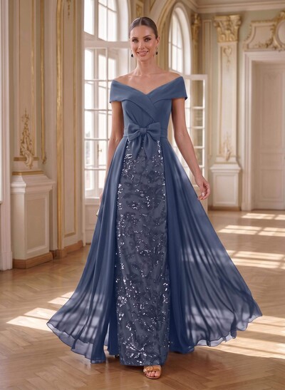 A-Line Off-The-Shoulder Sleeveless Maxi Chiffon Mother Of The Bride Dress With Bows, Sequins & Overskirt