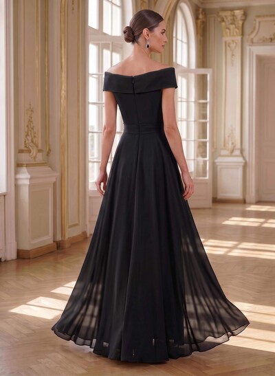 A-Line Off-The-Shoulder Sleeveless Maxi Chiffon Mother Of The Bride Dress With Bows, Sequins & Overskirt
