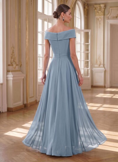 A-Line Off-The-Shoulder Sleeveless Floor-Length Chiffon Mother Of The Bride Dresses With Bow(s)/Sequins/Overskirt Dress