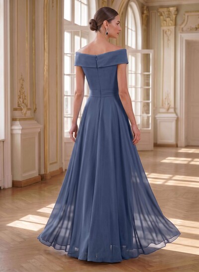 A-Line Off-The-Shoulder Sleeveless Maxi Chiffon Mother Of The Bride Dress With Bows, Sequins & Overskirt