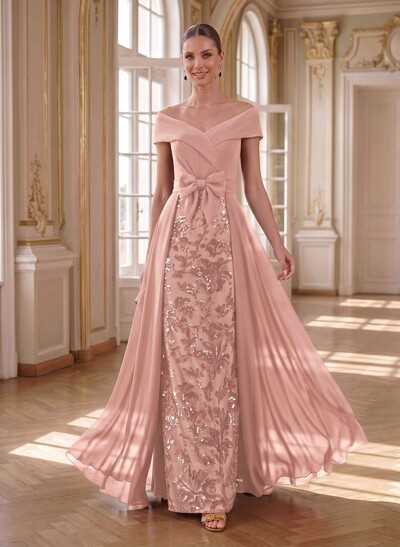 A-Line Off-The-Shoulder Sleeveless Floor-Length Chiffon Mother Of The Bride Dresses With Bow(s)/Sequins/Overskirt Dress