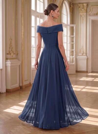 A-Line Off-The-Shoulder Sleeveless Floor-Length Chiffon Mother Of The Bride Dresses With Bow(s)/Sequins/Overskirt Dress