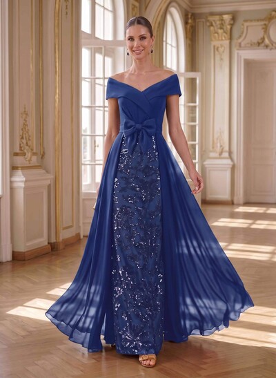 A-Line Off-The-Shoulder Sleeveless Floor-Length Chiffon Mother Of The Bride Dresses With Bow(s)/Sequins/Overskirt Dress