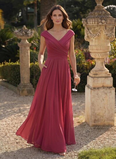 Elegant A-Line V-Neck Short Sleeves Floor-Length Chiffon Mother Of The Bride Dresses