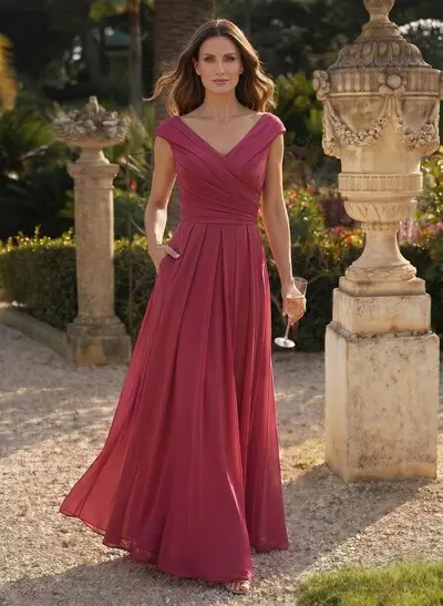 Elegant A-Line V-Neck Short Sleeves Floor-Length Chiffon Mother Of The Bride Dresses