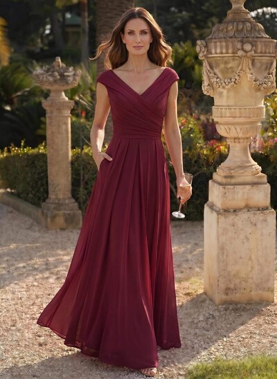 A-Line V-Neck Sleeveless Floor-Length Chiffon Evening Dresses