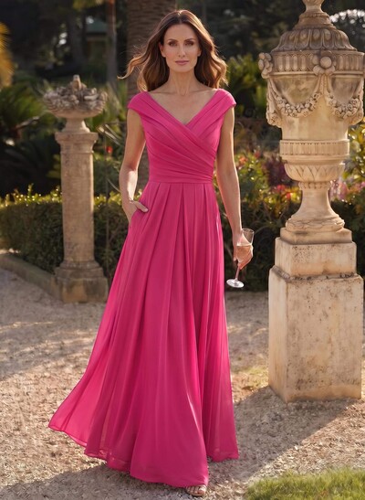Elegant A-Line V-Neck Sleeveless Floor-Length Chiffon Mother Of The Bride Dresses