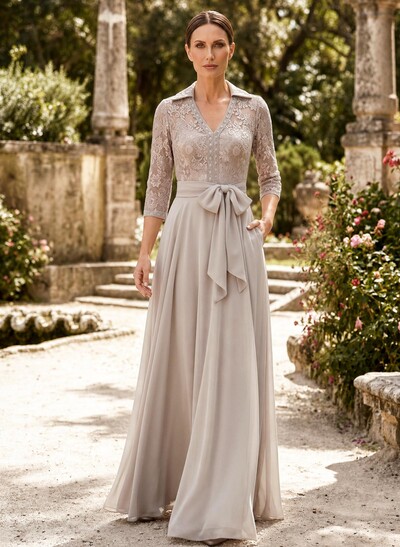A-Line V-Neck 3/4 Sleeves Floor-Length Chiffon Mother Of The Bride Dresses With Bow(s)/Appliques Lace