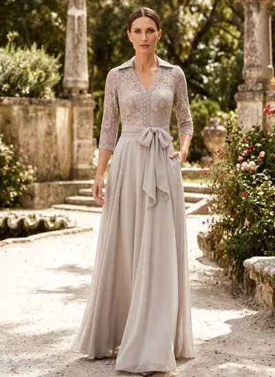 A-Line V-Neck 3/4 Sleeves Floor-Length Chiffon Mother Of The Bride Dresses With Bow(s)/Appliques Lace