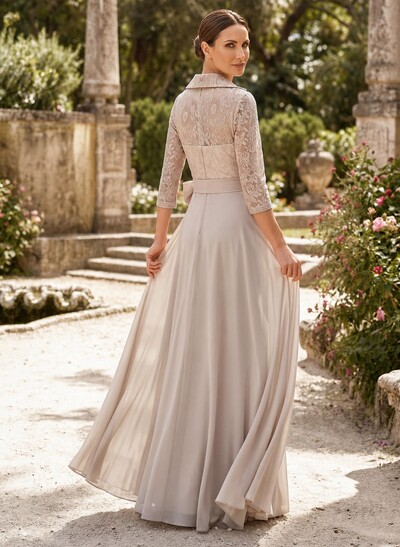 A-Line V-Neck 3/4 Sleeves Floor-Length Chiffon Mother Of The Bride Dresses With Bow(s)/Appliques Lace