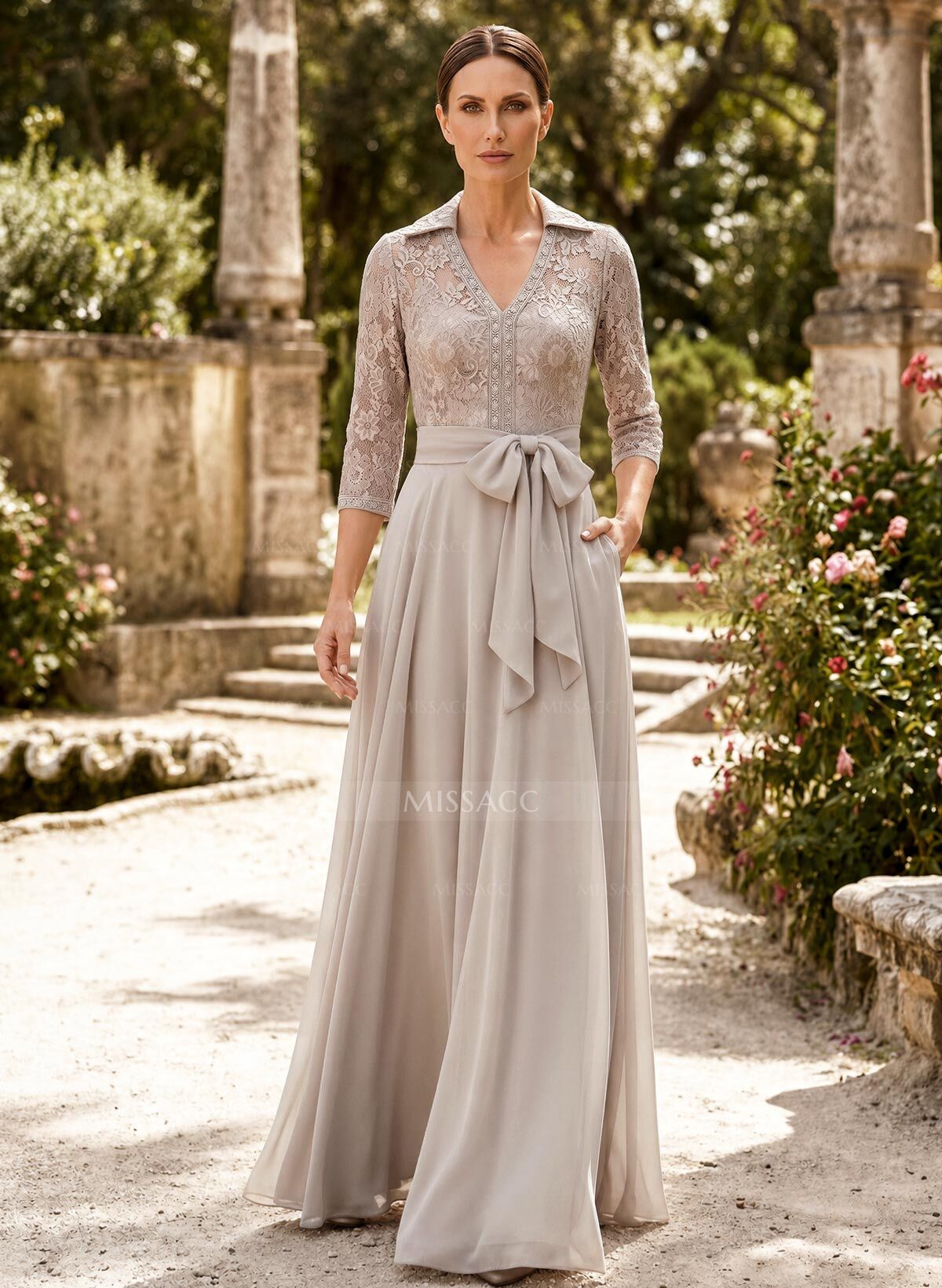 A-Line V-Neck 3/4 Sleeves Floor-Length Chiffon Mother Of The Bride Dresses With Bow(s)/Appliques Lace