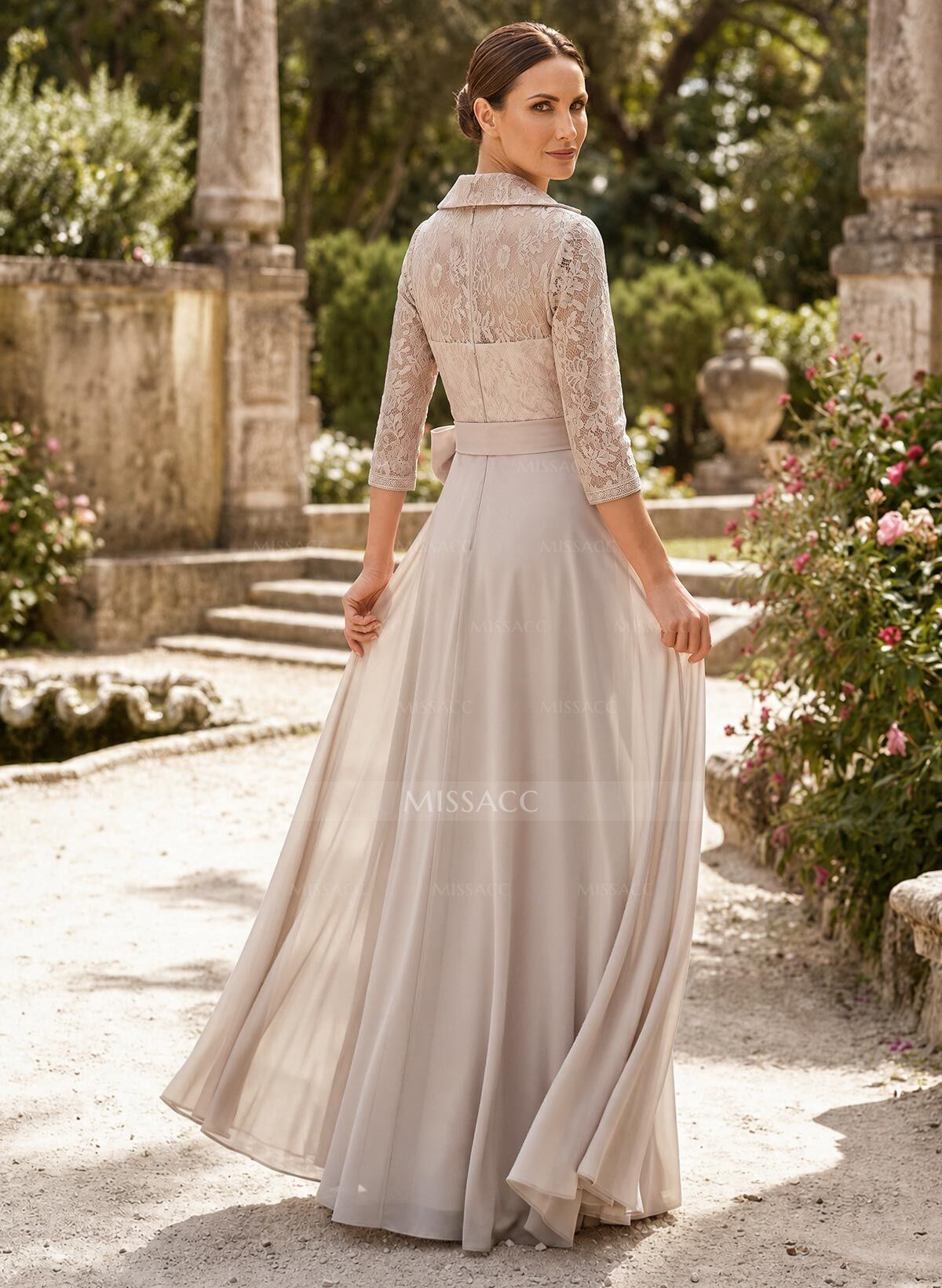 A-Line V-Neck 3/4 Sleeves Floor-Length Chiffon Mother Of The Bride Dresses With Bow(s)/Appliques Lace