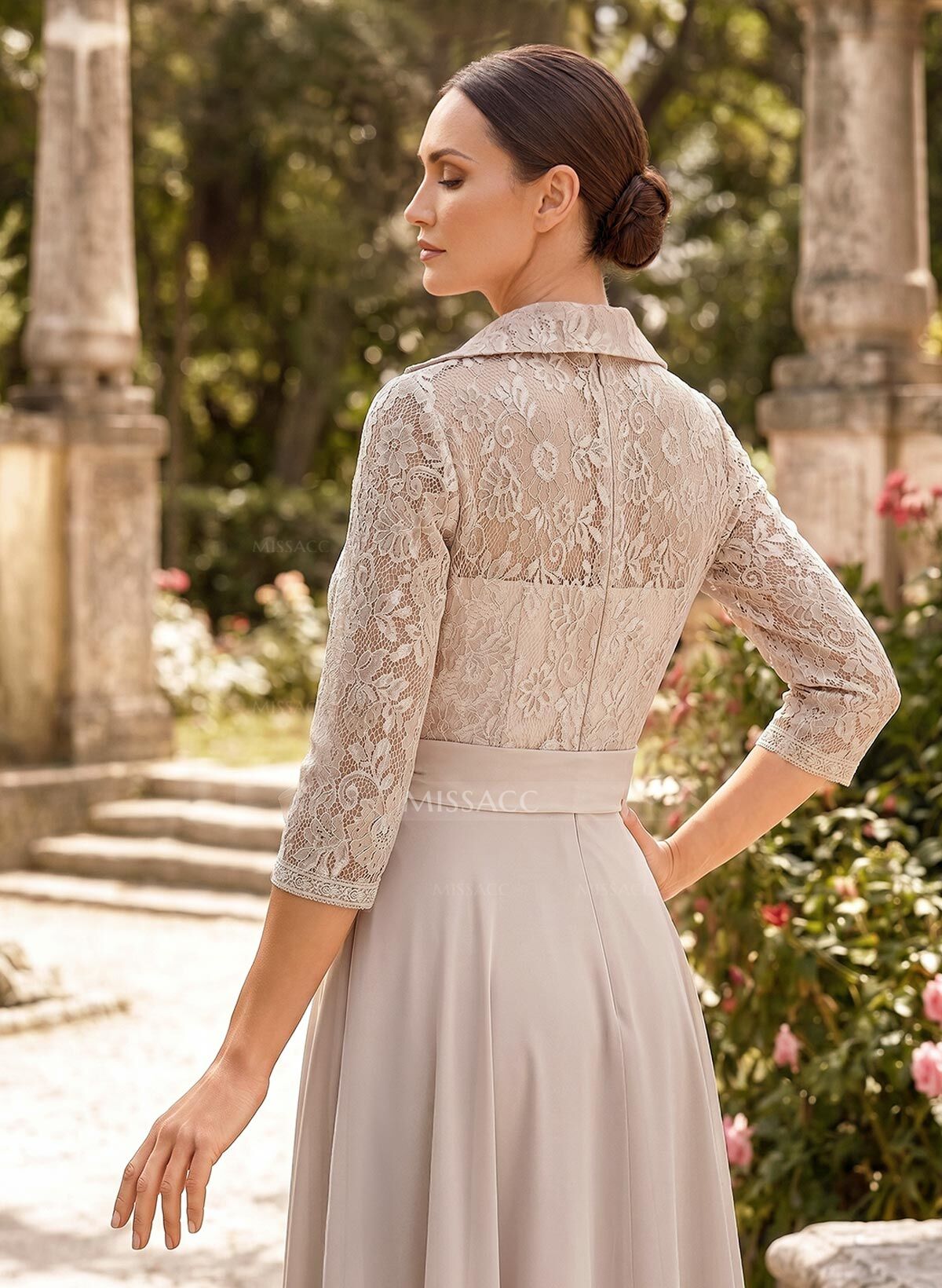 A-Line V-Neck 3/4 Sleeves Floor-Length Chiffon Mother Of The Bride Dresses With Bow(s)/Appliques Lace