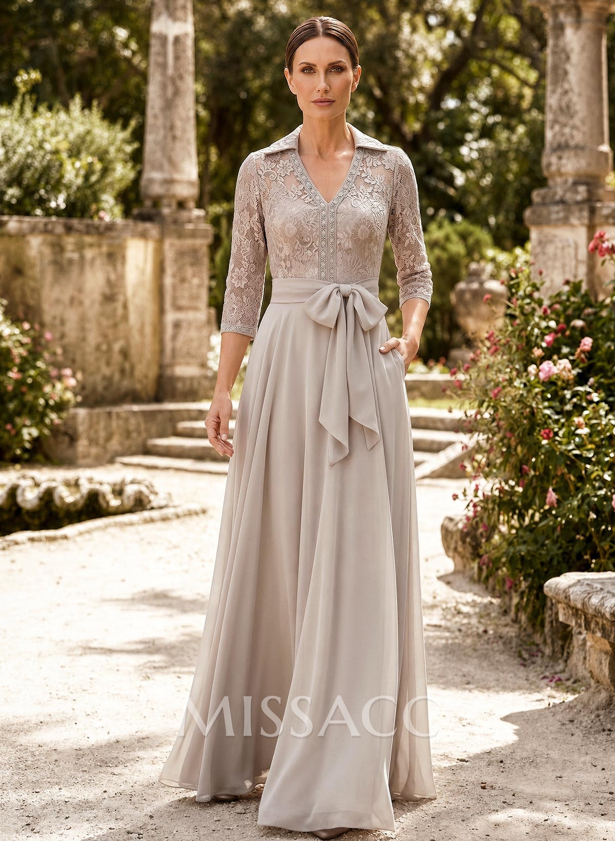 A-Line V-Neck 3/4 Sleeves Floor-Length Chiffon Mother Of The Bride Dresses With Bow(s)/Appliques Lace A-Line V-Neck 3/4 Sleeves Floor-Length Chiffon Mother Of The Bride Dresses With Bow(s)/Appliques Lace
