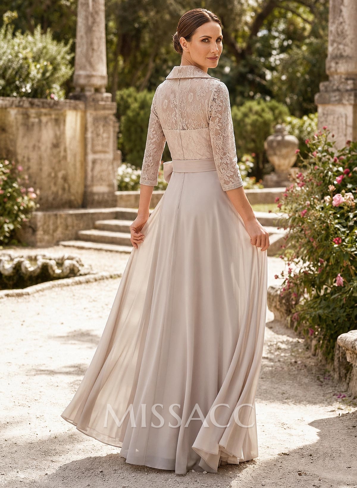 A-Line V-Neck 3/4 Sleeves Floor-Length Chiffon Mother Of The Bride Dresses With Bow(s)/Appliques Lace A-Line V-Neck 3/4 Sleeves Floor-Length Chiffon Mother Of The Bride Dresses With Bow(s)/Appliques Lace