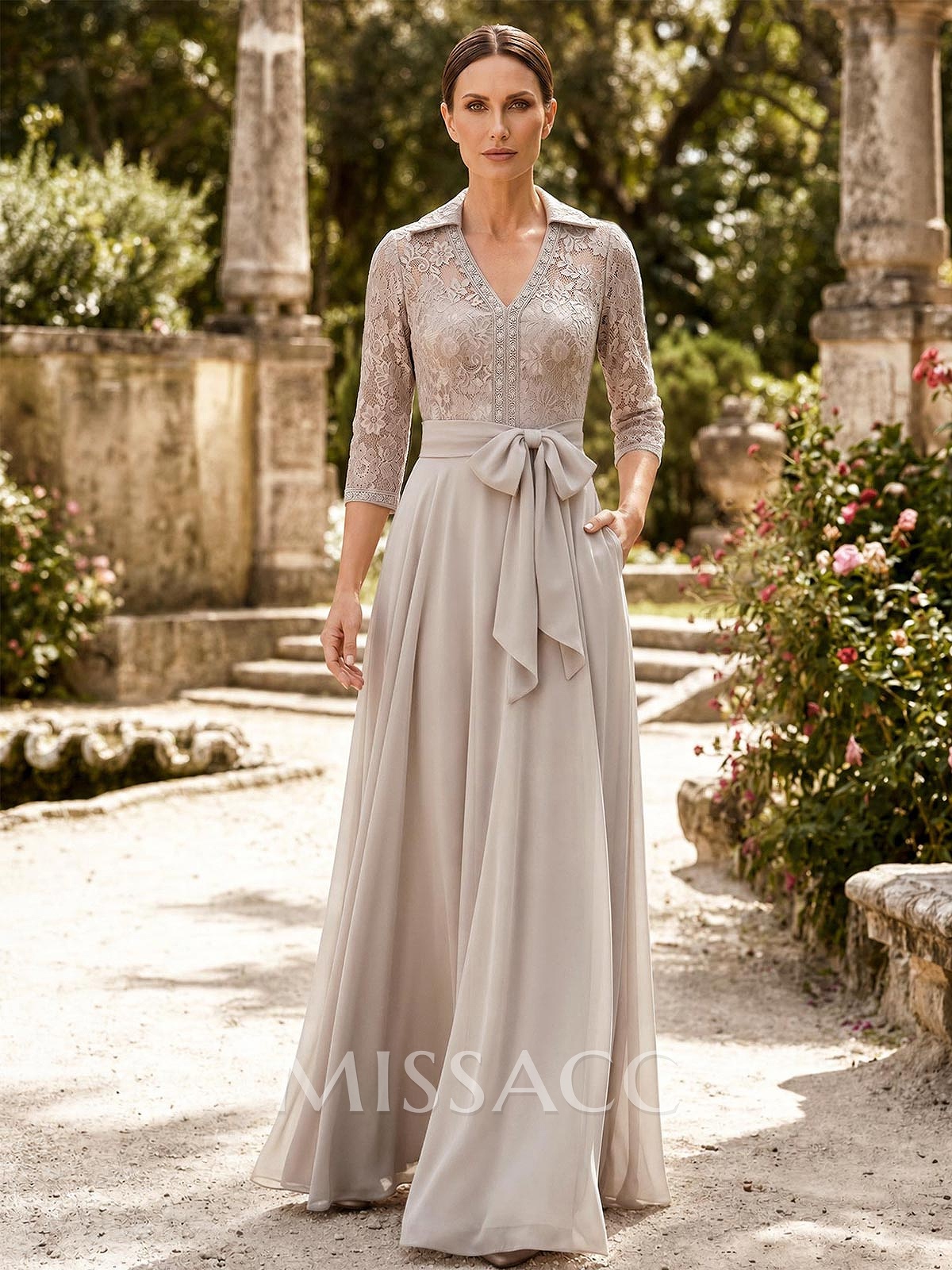 A-Line V-Neck 3/4 Sleeves Floor-Length Chiffon Mother Of The Bride Dresses With Bow(s)/Appliques Lace