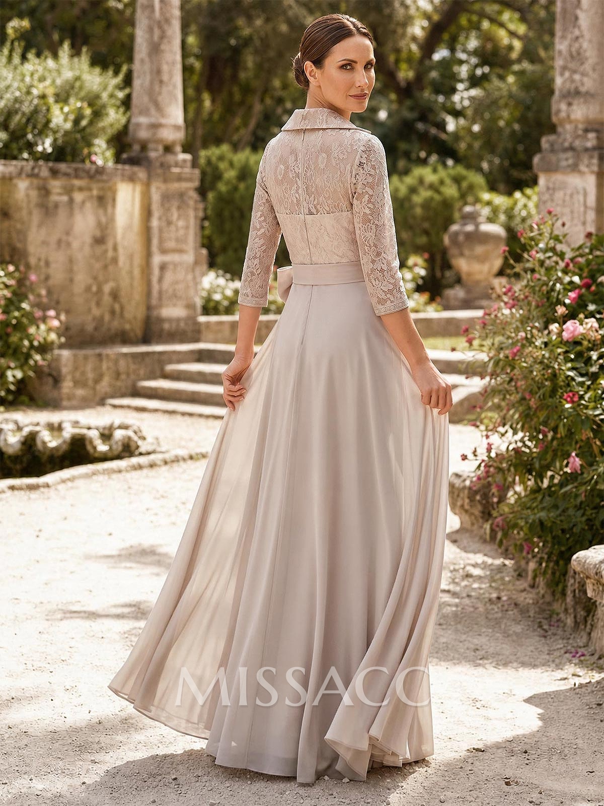 A-Line V-Neck 3/4 Sleeves Floor-Length Chiffon Mother Of The Bride Dresses With Bow(s)/Appliques Lace