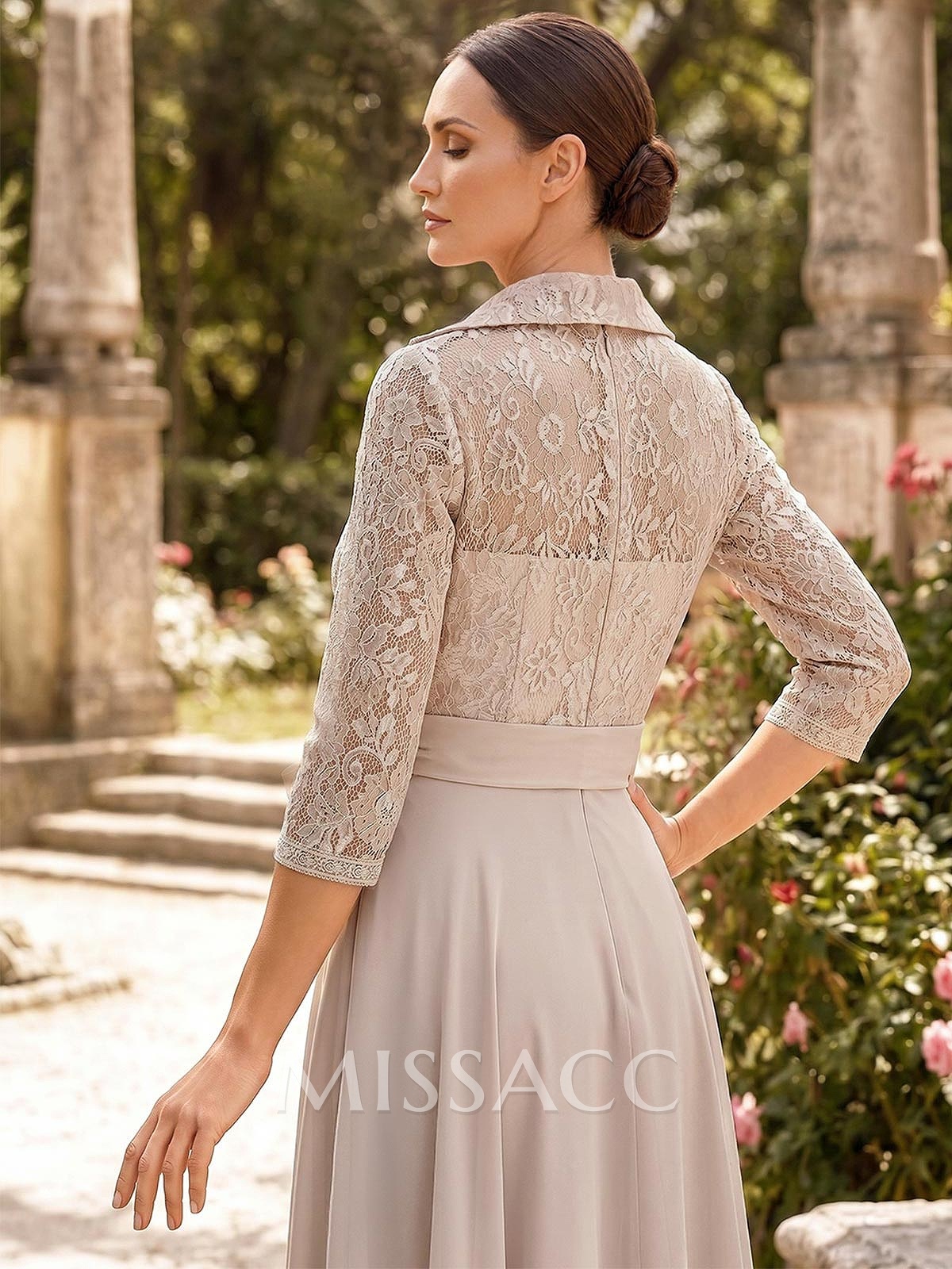 A-Line V-Neck 3/4 Sleeves Floor-Length Chiffon Mother Of The Bride Dresses With Bow(s)/Appliques Lace