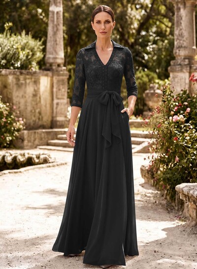 A-Line V-Neck 3/4 Sleeves Floor-Length Chiffon Mother Of The Bride Dresses With Bow(s)/Appliques Lace