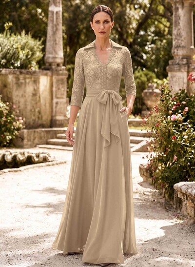 A-Line V-Neck 3/4 Sleeves Floor-Length Chiffon Mother Of The Bride Dresses With Bow(s)/Appliques Lace