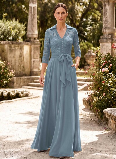A-Line V-Neck 3/4 Sleeves Floor-Length Chiffon Mother Of The Bride Dresses With Bow(s)/Appliques Lace
