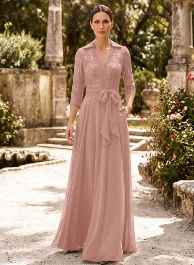 A-Line V-Neck 3/4 Sleeves Floor-Length Chiffon Mother Of The Bride Dresses With Bow(s)/Appliques Lace