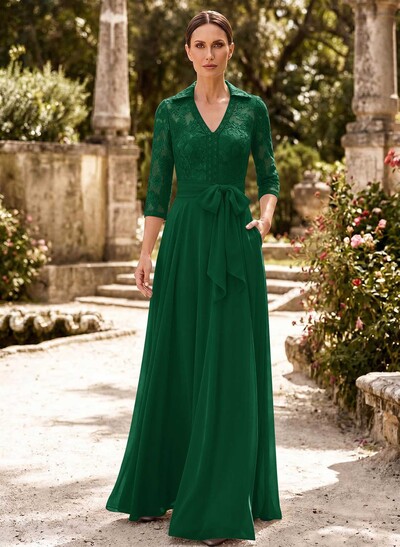 A-Line V-Neck 3/4 Sleeves Floor-Length Chiffon Mother Of The Bride Dresses With Bow(s)/Appliques Lace