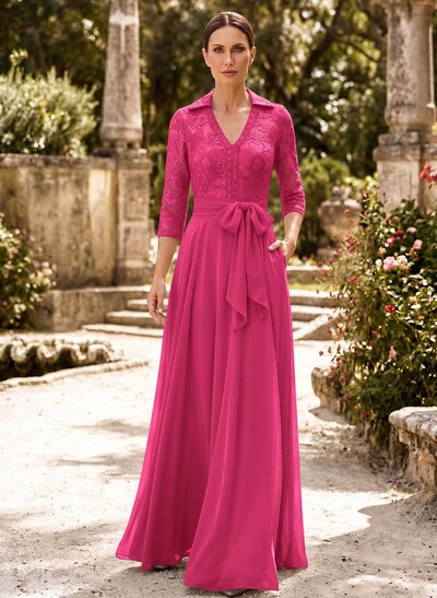 A-Line V-Neck 3/4 Sleeves Floor-Length Chiffon Mother Of The Bride Dresses With Bow(s)/Appliques Lace