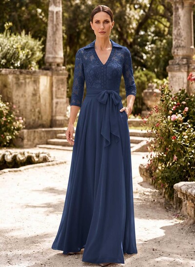 A-Line V-Neck 3/4 Sleeves Floor-Length Chiffon Mother Of The Bride Dresses With Bow(s)/Appliques Lace