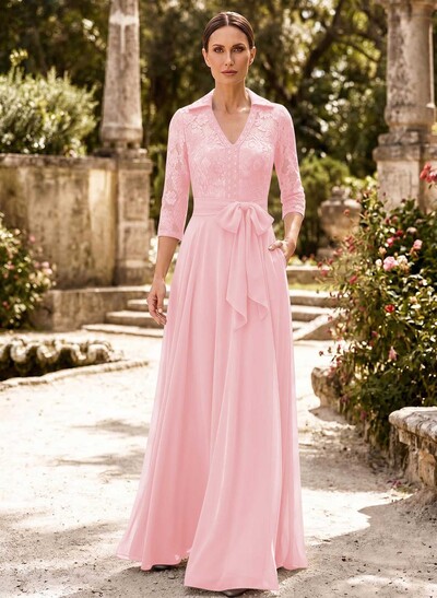A-Line V-Neck 3/4 Sleeves Floor-Length Chiffon Mother Of The Bride Dresses With Bow(s)/Appliques Lace