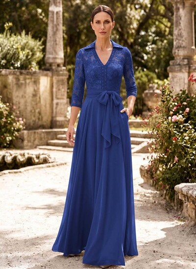 A-Line V-Neck 3/4 Sleeves Floor-Length Chiffon Mother Of The Bride Dresses With Bow(s)/Appliques Lace