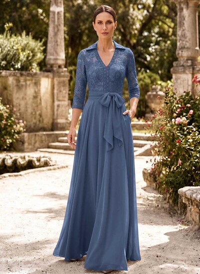 A-Line V-Neck 3/4 Sleeves Floor-Length Chiffon Mother Of The Bride Dresses With Bow(s)/Appliques Lace