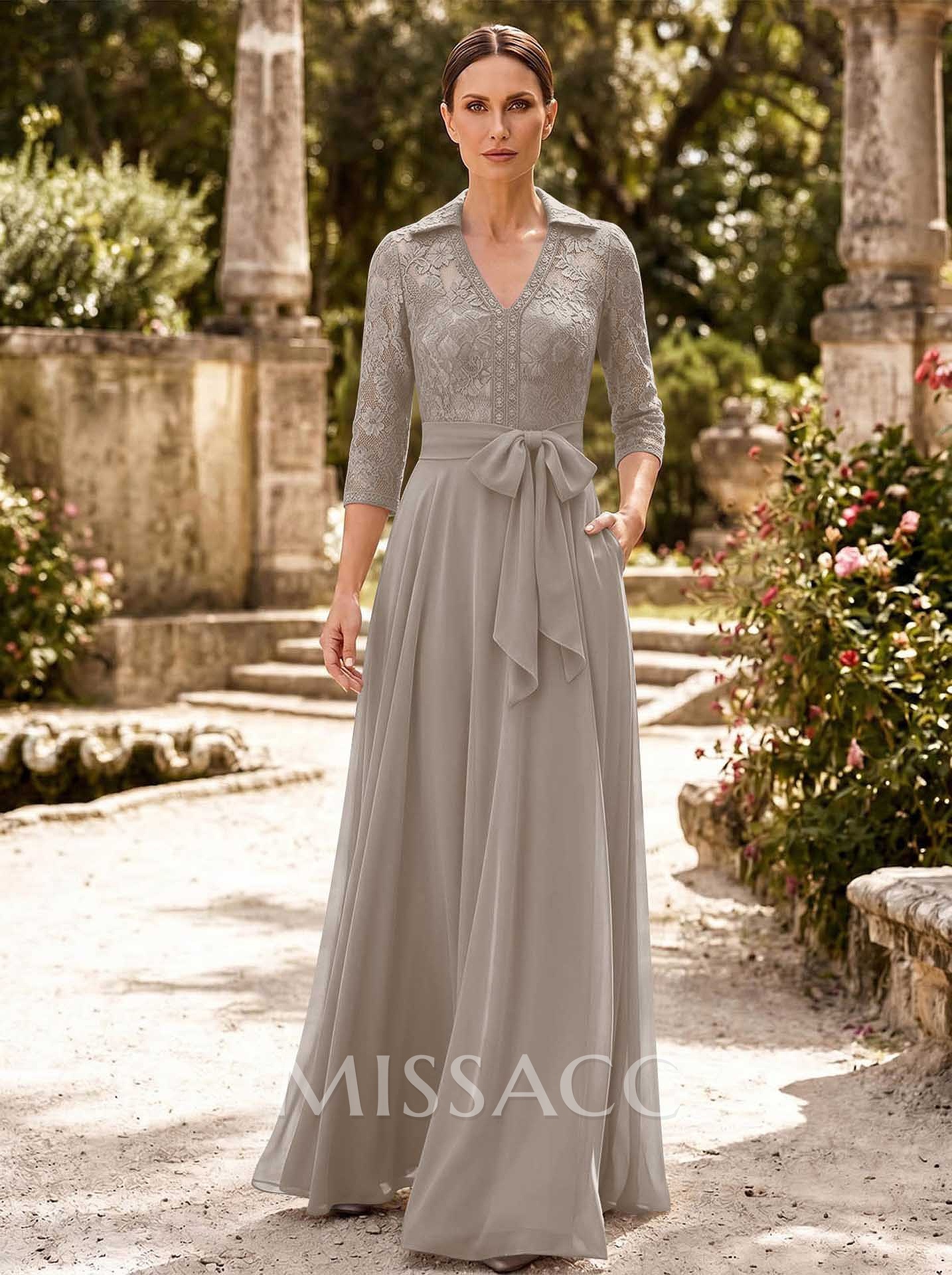 A-Line V-Neck 3/4 Sleeves Floor-Length Chiffon Mother Of The Bride Dresses With Bow(s)/Appliques Lace
