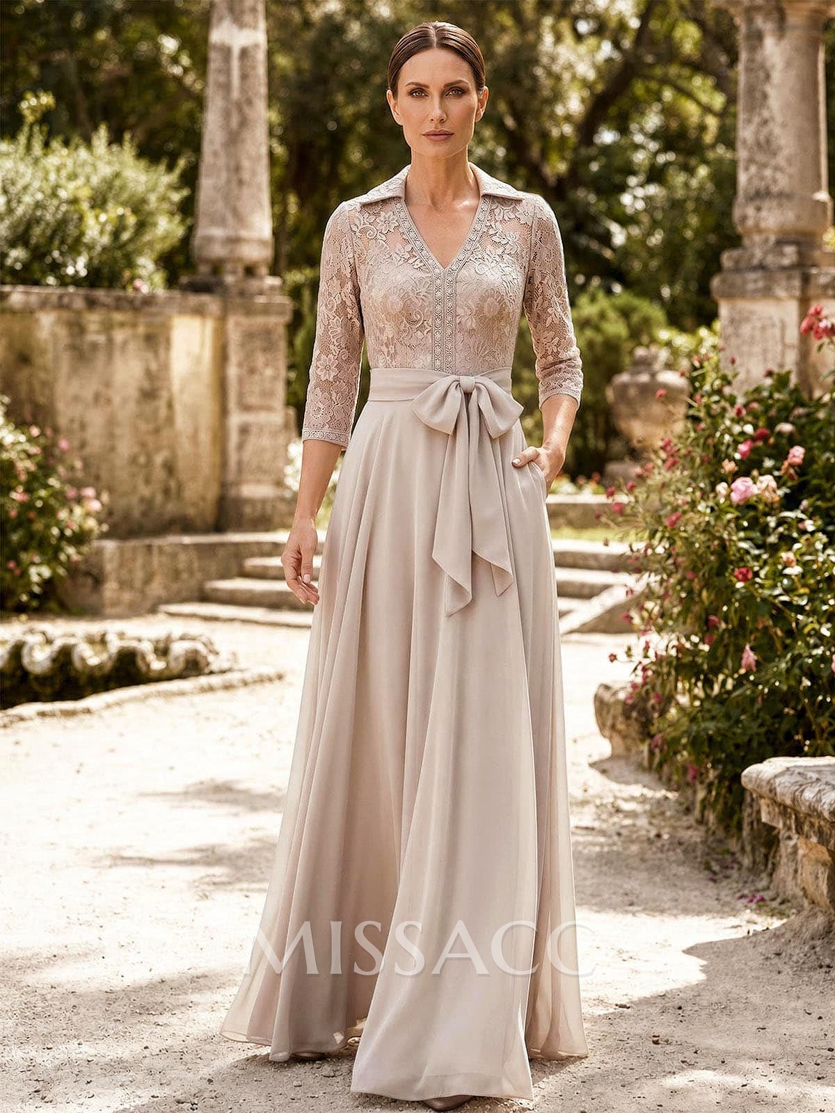 A-Line V-Neck 3/4 Sleeves Floor-Length Chiffon Mother Of The Bride Dresses With Bow(s)/Appliques Lace
