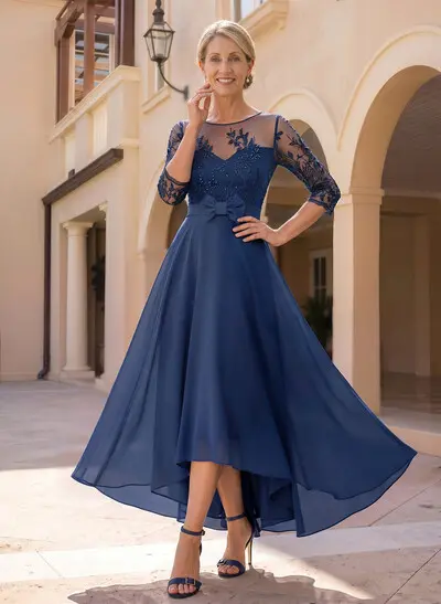 A-Line Illusion Neck 1/2 Sleeves Asymmetrical Chiffon Mother Of The Bride Dresses