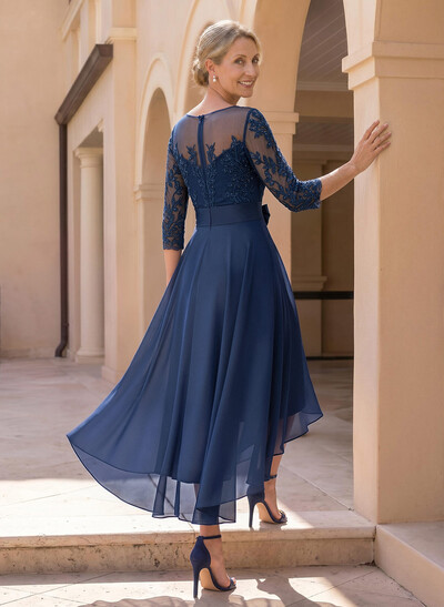 A-Line Illusion Neck 1/2 Sleeves Asymmetrical Chiffon Mother Of The Bride Dresses