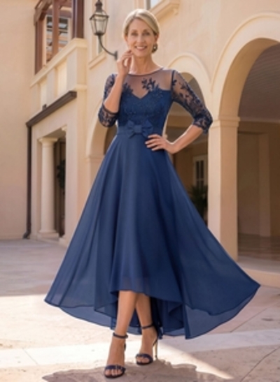 A-Line Illusion Neck 1/2 Sleeves Asymmetrical Chiffon Mother Of The Bride Dresses