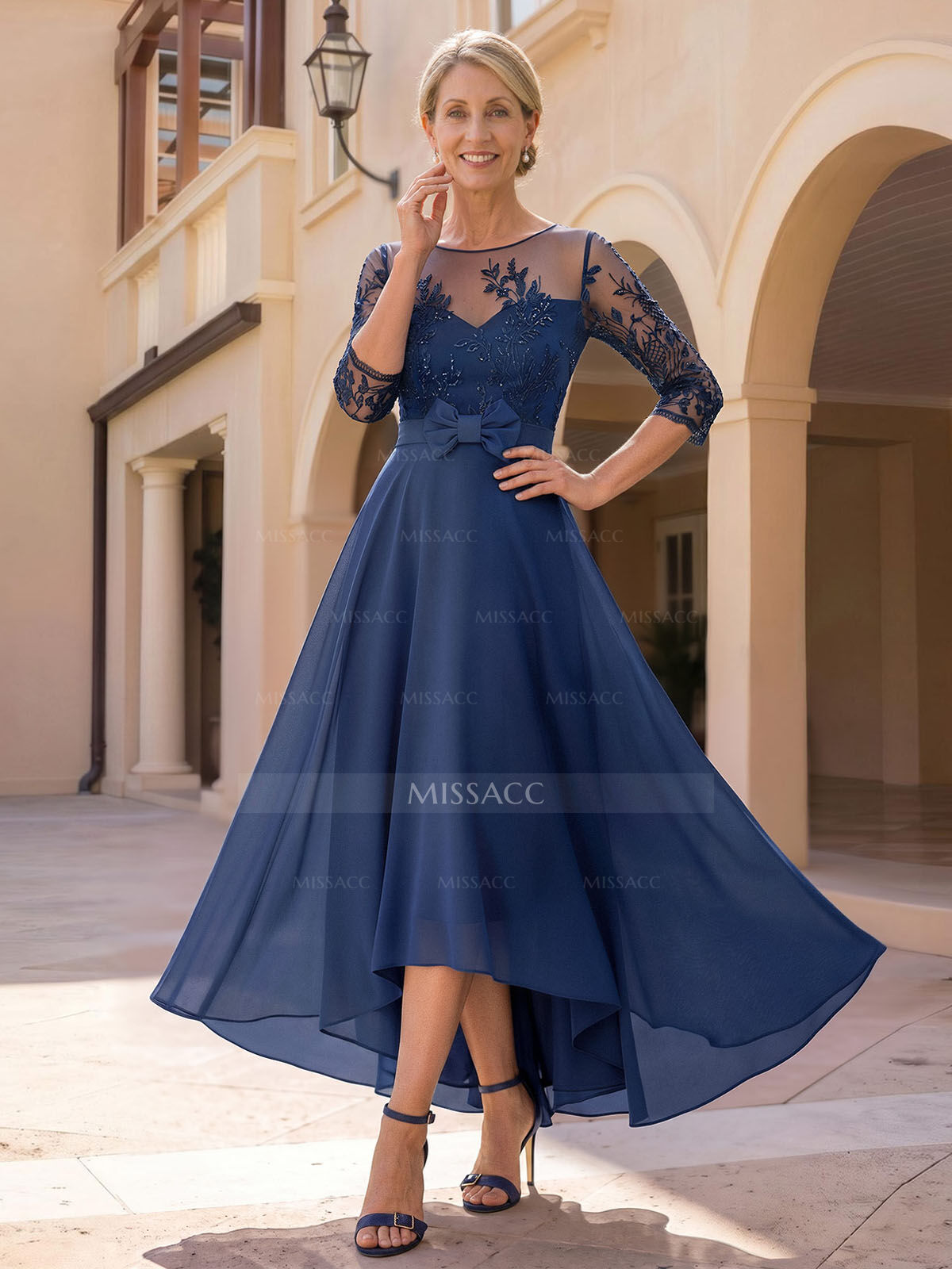 A-Line Cowl Neck/Illusion Neck 3/4 Sleeves Asymmetrical Chiffon Mother Of The Bride Dresses With Bow(s)/Lace