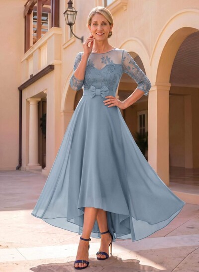A-Line Cowl Neck/Illusion Neck 3/4 Sleeves Asymmetrical Chiffon Mother Of The Bride Dresses With Bow(s)/Lace