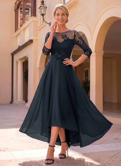 A-Line Cowl Neck/Illusion Neck 3/4 Sleeves Asymmetrical Chiffon Mother Of The Bride Dresses With Bow(s)/Lace