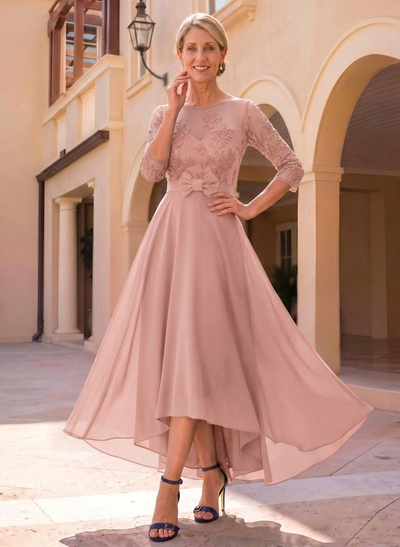 A-Line Cowl Neck/Illusion Neck 3/4 Sleeves Asymmetrical Chiffon Mother Of The Bride Dresses With Bow(s)/Lace
