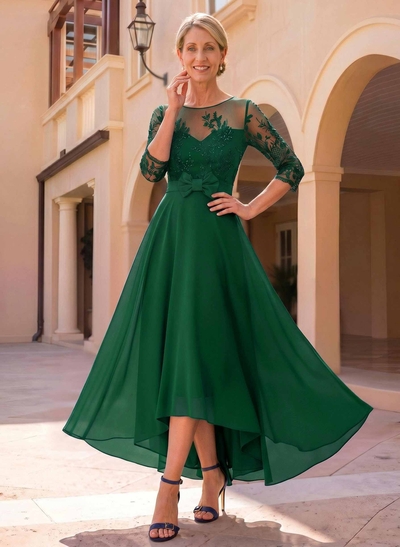 A-Line Cowl Neck/Illusion Neck 3/4 Sleeves Asymmetrical Chiffon Mother Of The Bride Dresses With Bow(s)/Lace