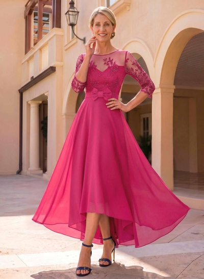 A-Line Cowl Neck/Illusion Neck 3/4 Sleeves Asymmetrical Chiffon Mother Of The Bride Dresses With Bow(s)/Lace
