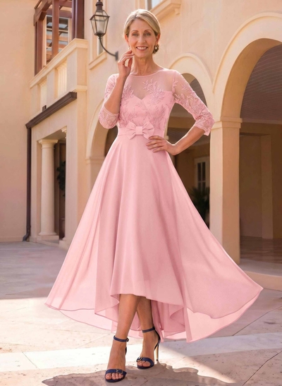 A-Line Cowl Neck/Illusion Neck 3/4 Sleeves Asymmetrical Chiffon Mother Of The Bride Dresses With Bow(s)/Lace