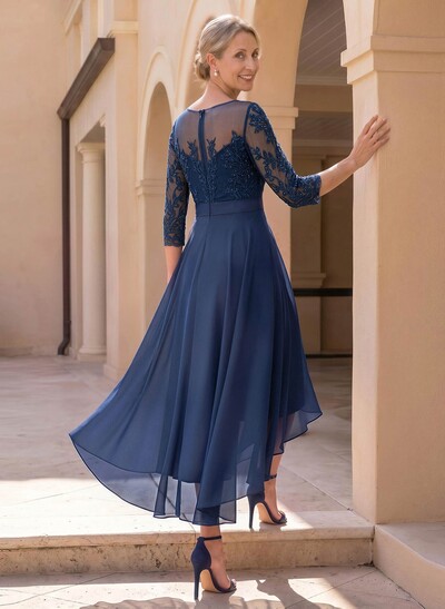 A-Line Cowl Neck/Illusion Neck 3/4 Sleeves Asymmetrical Chiffon Mother Of The Bride Dresses With Bow(s)/Lace