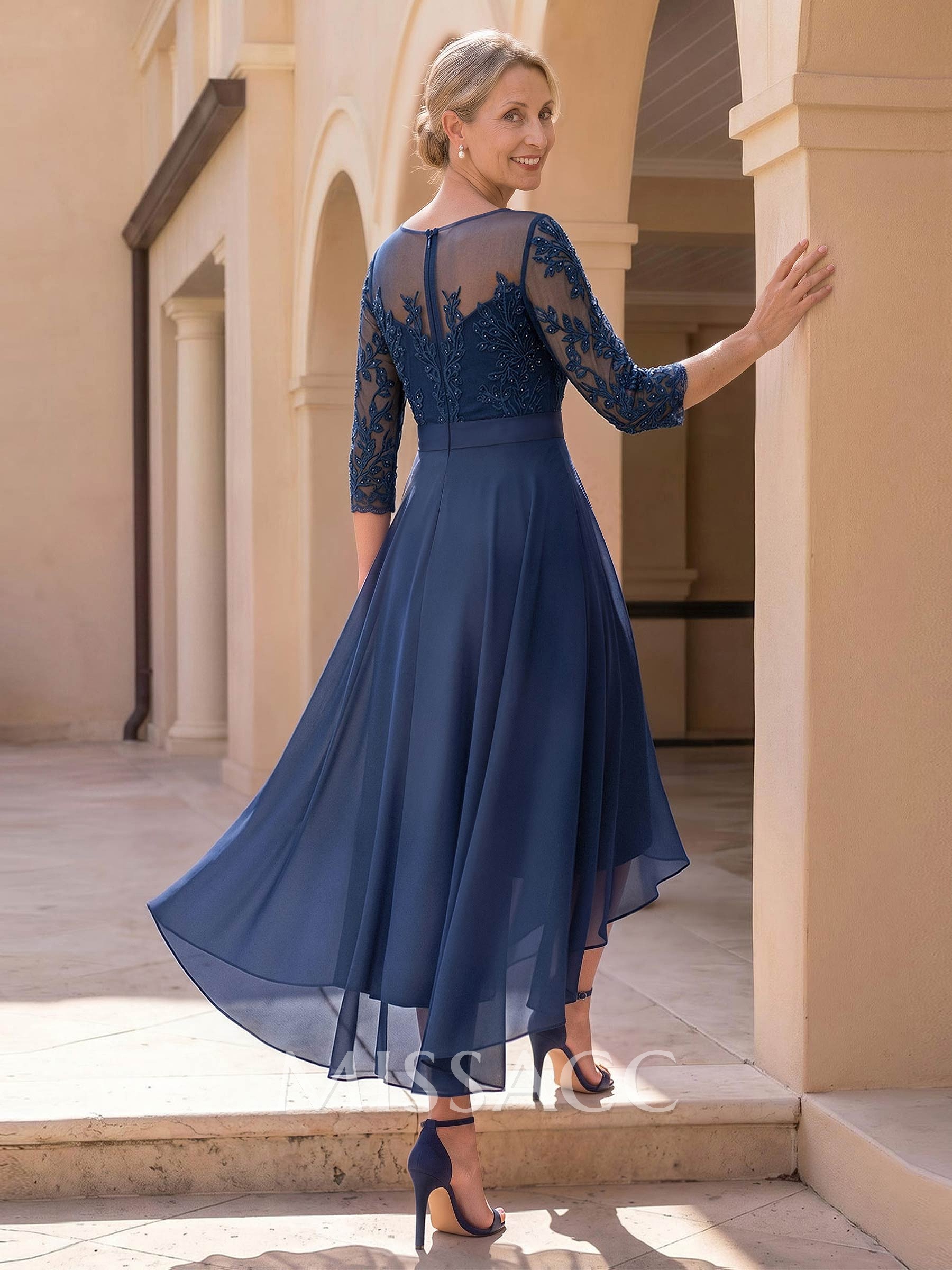 A-Line Cowl Neck/Illusion Neck 3/4 Sleeves Asymmetrical Chiffon Mother Of The Bride Dresses With Bow(s)/Lace