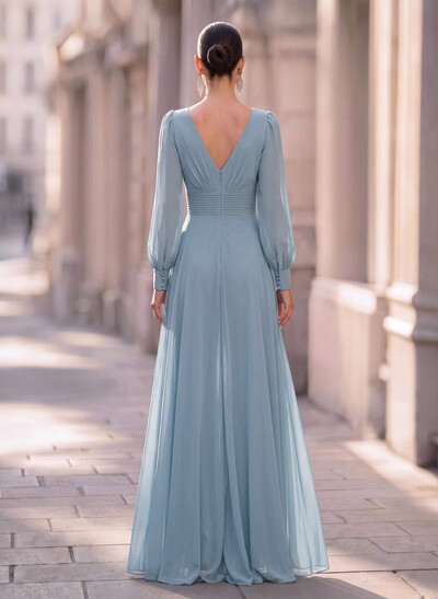 Jumpsuit/Pantsuit Plunge Neck Long Sleeves Floor-Length Chiffon Mother Of The Bride Dresses With Overskirt Dress