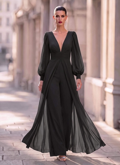 Mother of the Bride Chiffon Jumpsuit/Pantsuit, Plunge Neck, Long Sleeve, Floor-Length with Overskirt