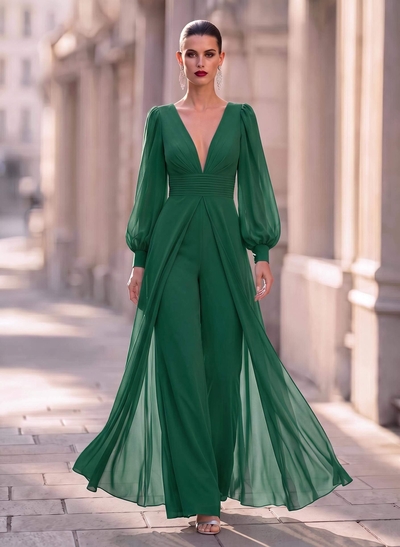 Jumpsuit/Pantsuit Plunge Neck Long Sleeves Floor-Length Chiffon Mother Of The Bride Dresses With Overskirt Dress